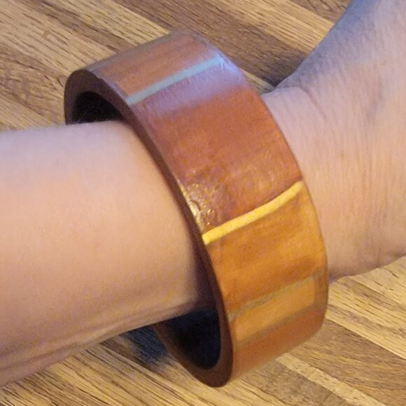 1.25" Wide Wooden Bangle Bracelet, Vintage Boho - Picture 2 of 13